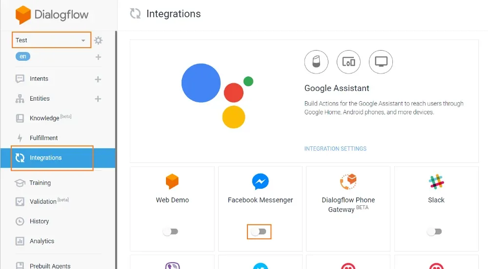 Dialogflow Integrations with Facebook Messenger