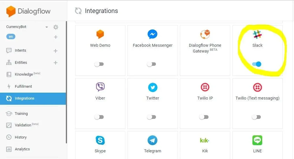 Dialogflow Integrations with Slack