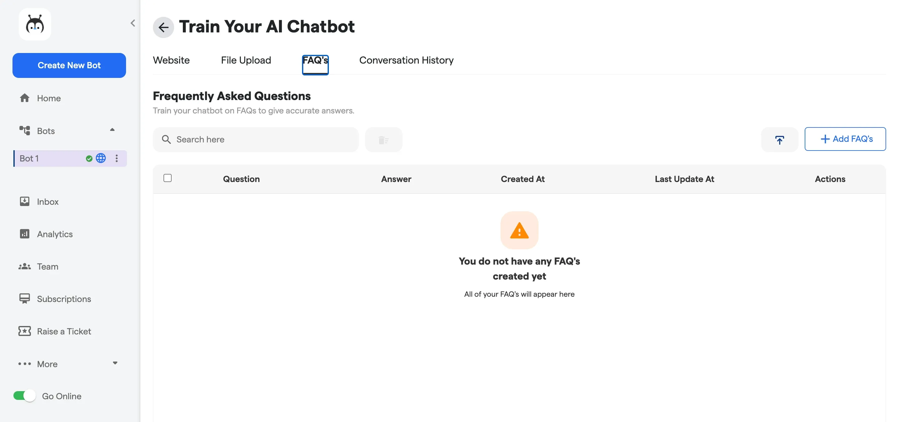 Train your chatbot for FAQs
