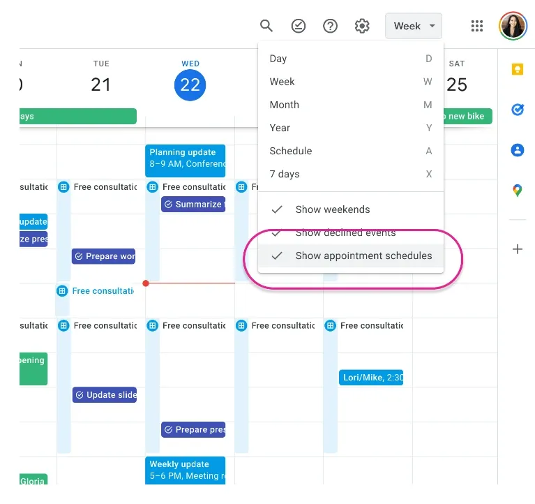 The Schedule view features of Google Calendar