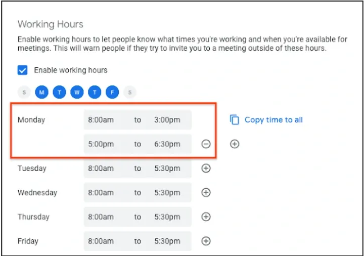 Set working hours to specify your availability.