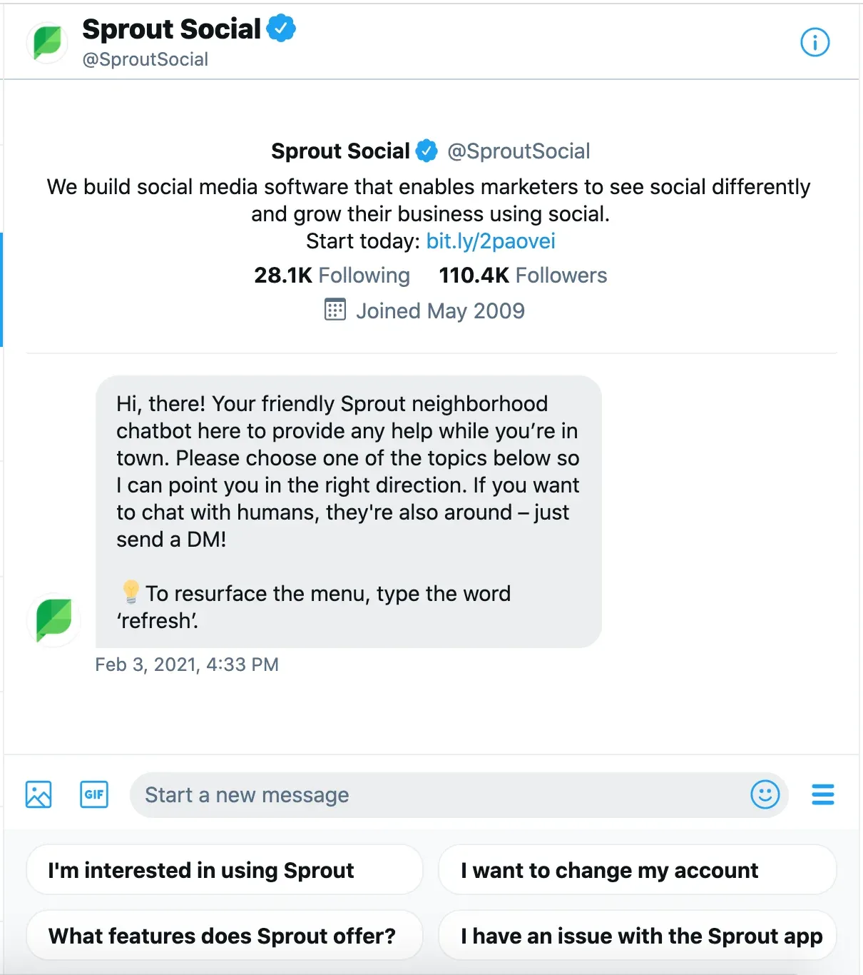 Sprout Social customer service chatbot
