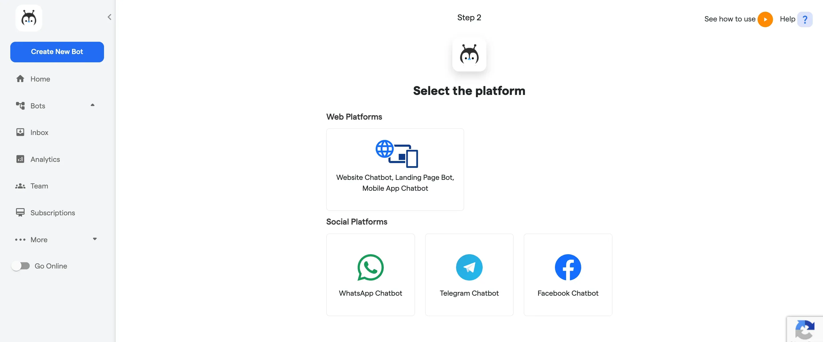 Selecting chatbot platform on BotPenguin