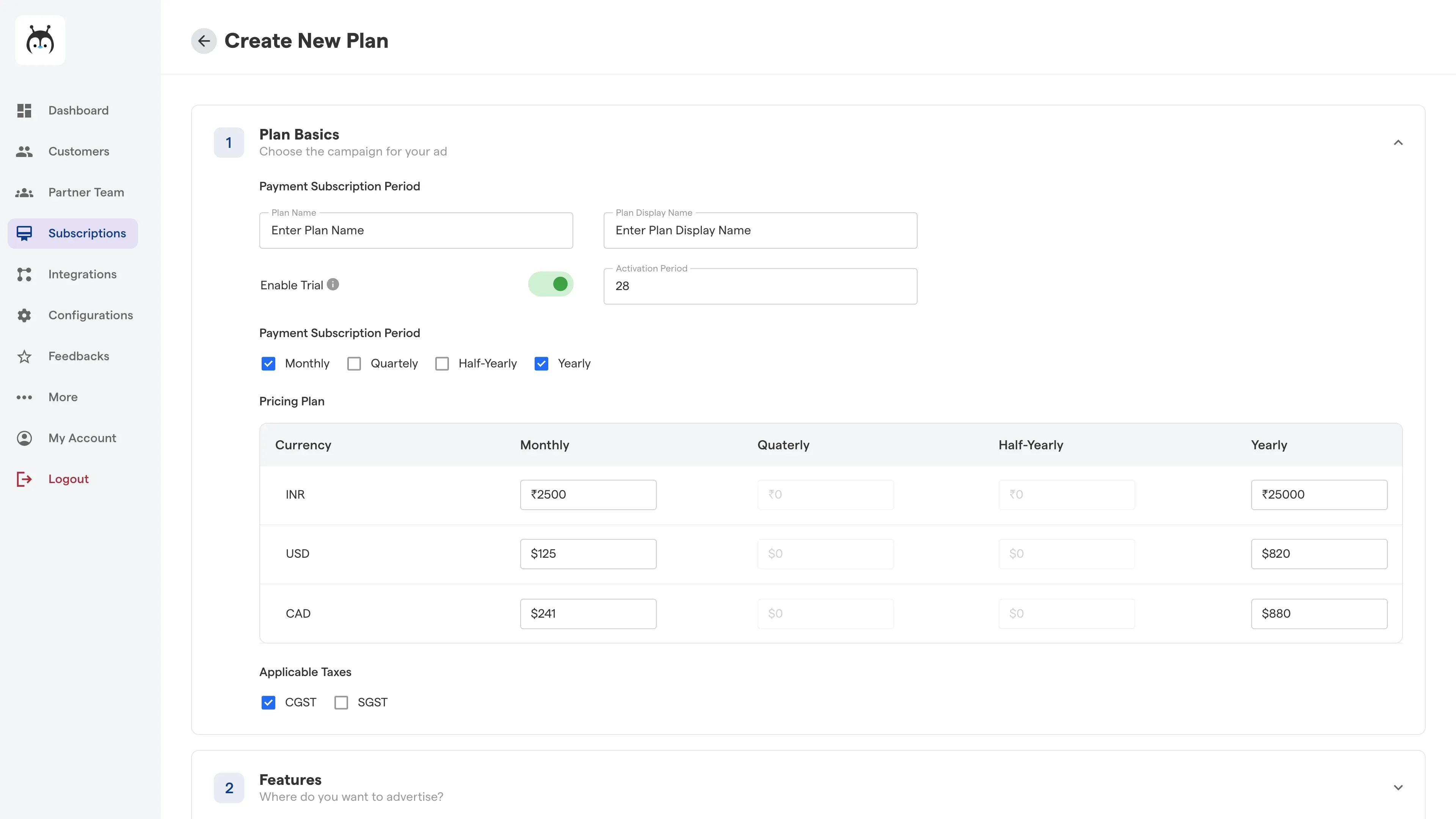 Creating subscription plan in White Label Chatbot Partner Panel