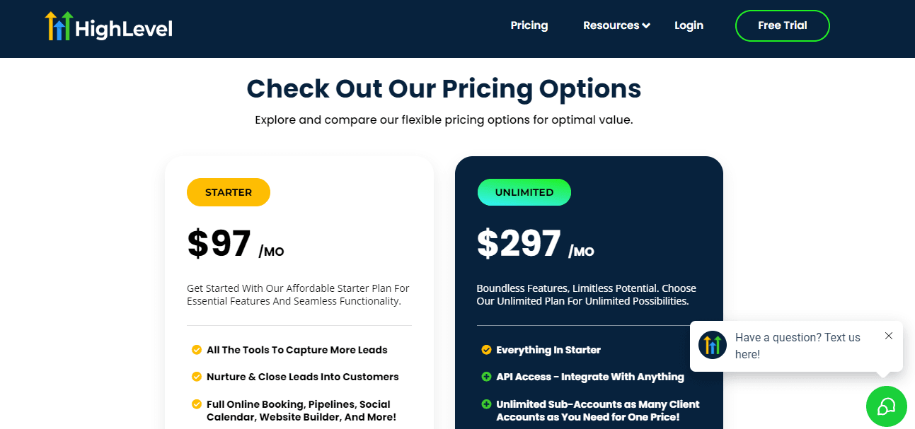Pricing and Plans of GoHighLevel