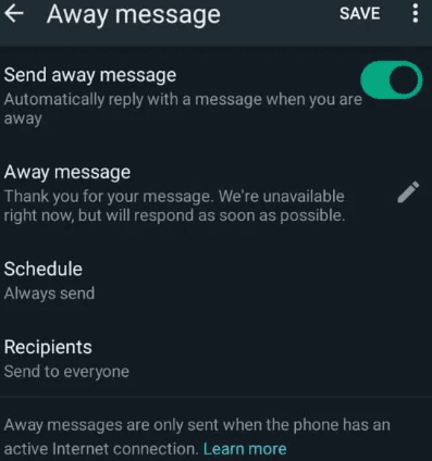 Open WhatsApp Business and Access Away Messages