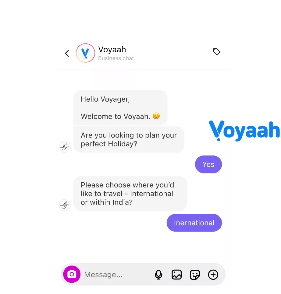 Voyaah luxury travel chatbot automation on Instagram and WhatsApp