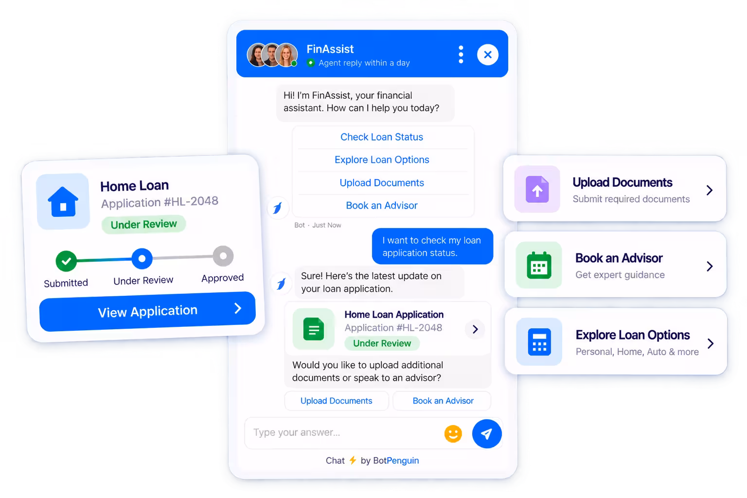 Financial services chatbot interface for client onboarding, KYC, and support