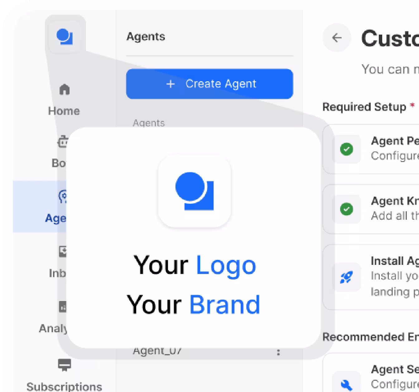 Create New AI Agent button showing Your Logo, Your Brand overlay inside the BotPenguin partner dashboard