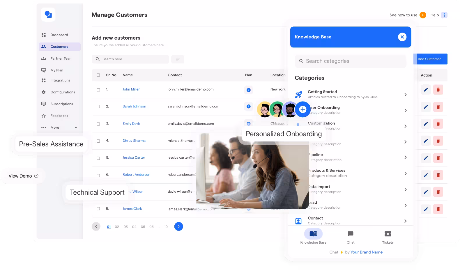 BotPenguin partner Manage Customers dashboard showing Knowledge Base, Personalized Onboarding, and Pre-Sales Assistance