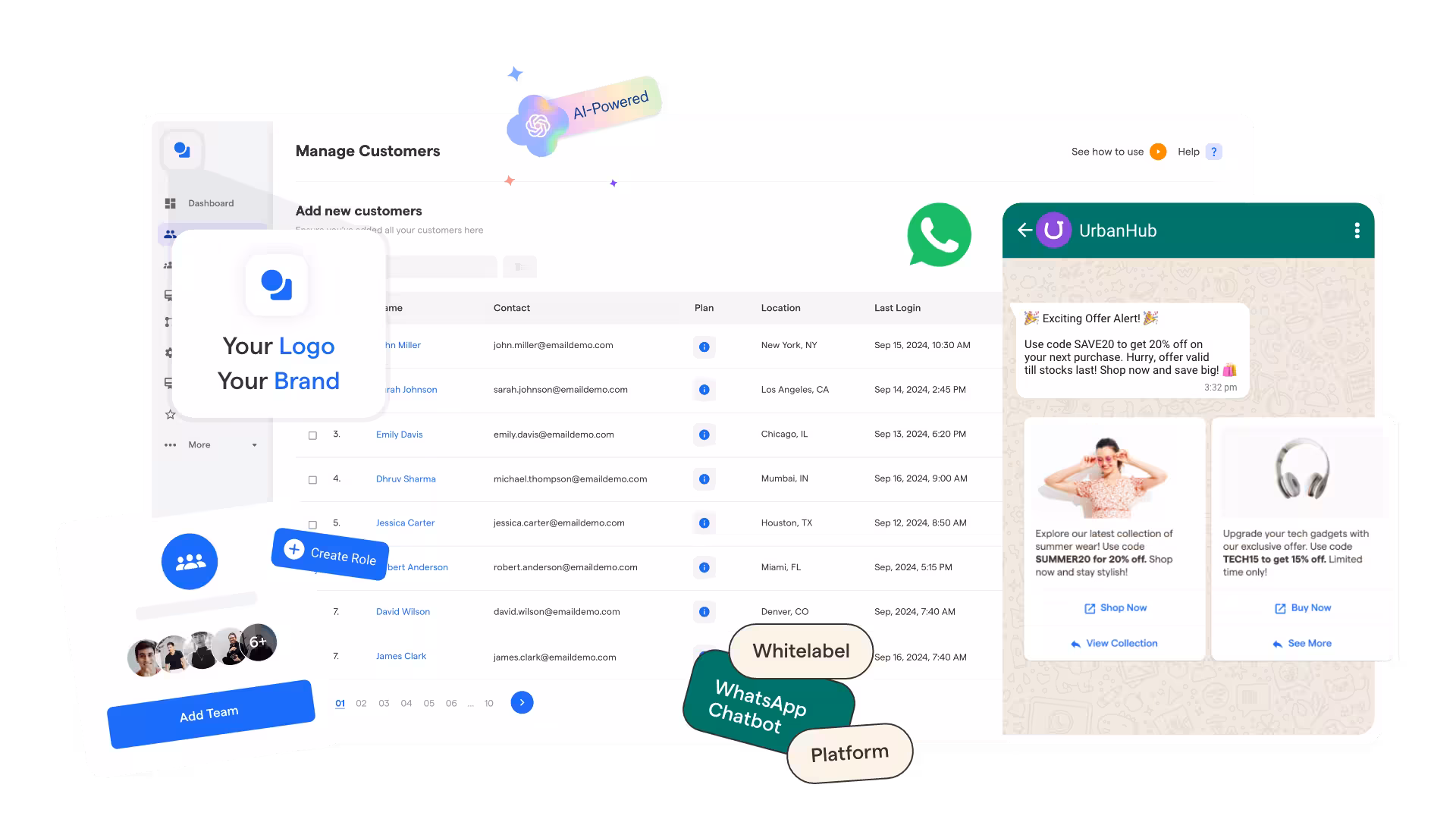 BotPenguin white label WhatsApp chatbot platform hero showing custom domain, AI-powered chat, branded dashboard and plan builder