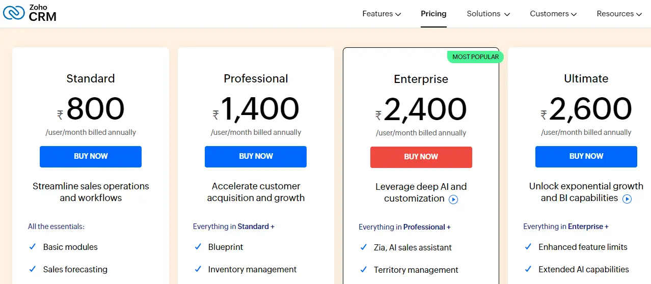 Zoho CRM Pricing 